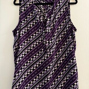 Dana Buchman Purple, Black, and White Geometric Patterned Sleeveless Blouse